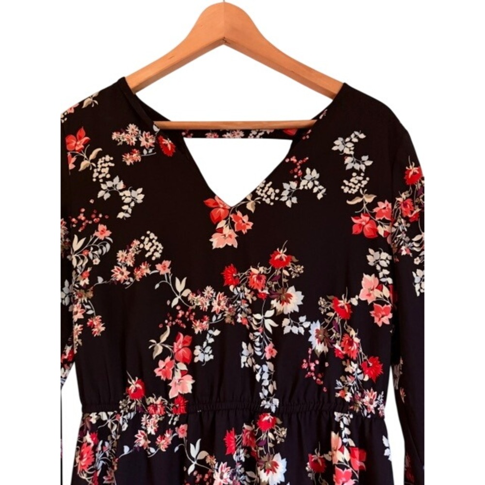 LOFT Womens Small Black Floral V-Neck Cutout Back Long Sleeve Mini Dress - Picture 2 of 8